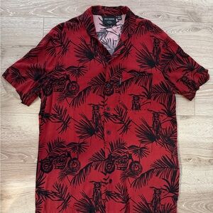 Harley-Davidson Red Short-Sleeve Button Down with Black Motorcycle & Palm Print